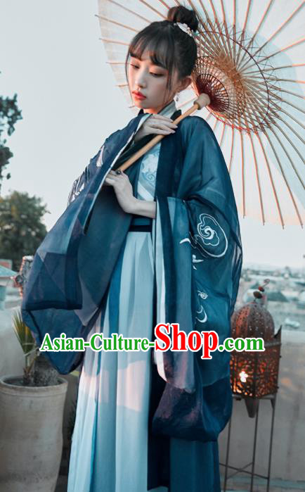 Chinese Traditional Navy Hanfu Dress Ancient Jin Dynasty Imperial Consort Embroidered Costume for Women