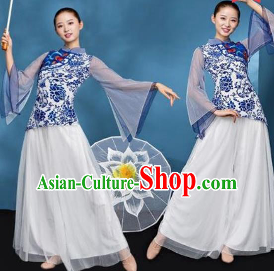 Chinese National Folk Dance Printing Blue Peony Costume Traditional Yangko Dance Fan Dance Clothing for Women