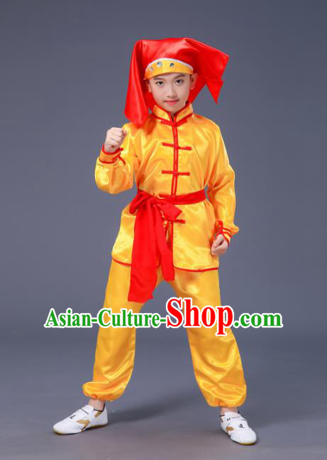 Chnese Traditional Folk Dance Costume Martial Arts Kung Fu Yellow Clothing for Kids