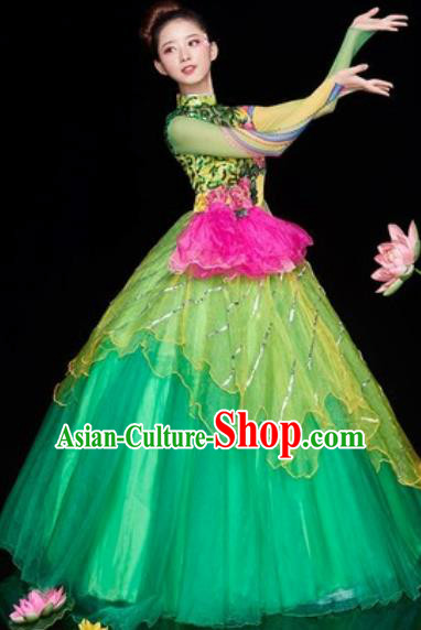 Chinese Traditional Spring Festival Gala Opening Dance Costume Modern Dance Green Veil Dress for Women