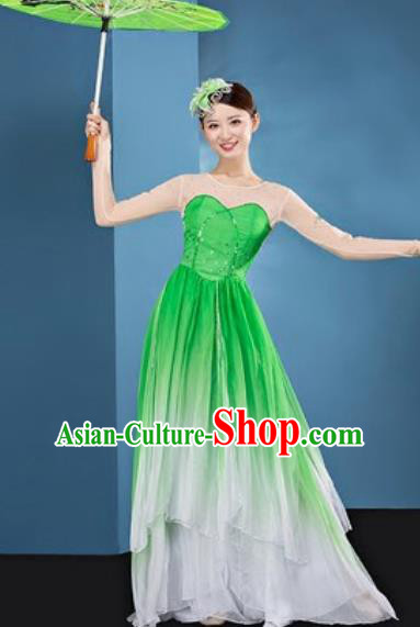 Chinese National Classical Dance Lotus Dance Green Dress Traditional Umbrella Dance Costume for Women