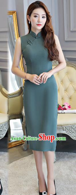 Asian Chinese Traditional Green Cheongsam Classical Tang Suit Qipao Dress for Women