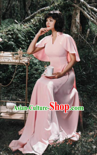 Asian Vietnam Traditional Pink Cheongsam Vietnamese Classical Aodai Qipao Dress for Women