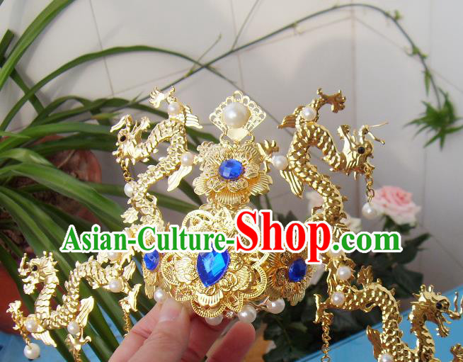 Chinese Traditional Goddess Hair Accessories Ancient Golden Dragons Tassel Phoenix Coronet for Women