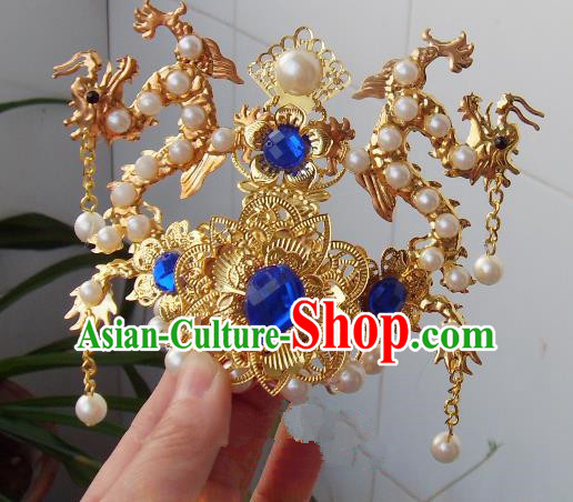 Chinese Traditional God of Wealth Hair Accessories Ancient Prince Blue Crystal Dragon Hairdo Crown for Men