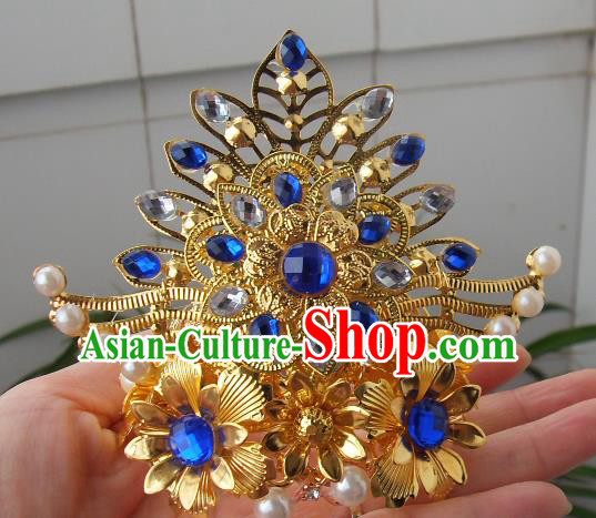 Chinese Traditional God of Wealth Hair Accessories Ancient Blue Crystal Hairdo Crown for Men