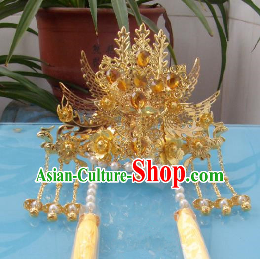 Chinese Traditional Goddess Yellow Crystal Phoenix Coronet Hairpins Ancient Princess Hair Accessories for Women