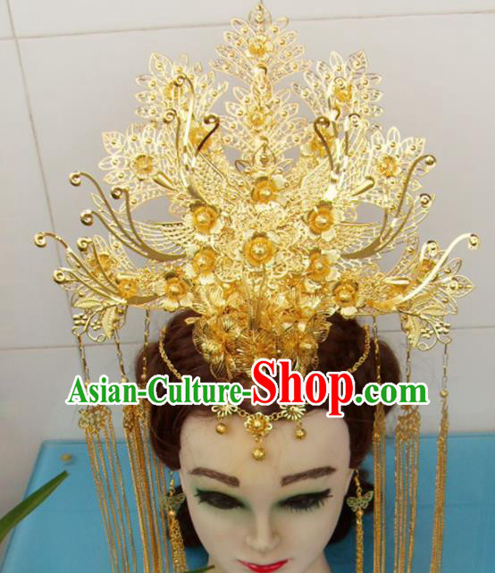 Chinese Traditional Goddess Golden Flowers Phoenix Coronet Hairpins Ancient Princess Hair Accessories for Women