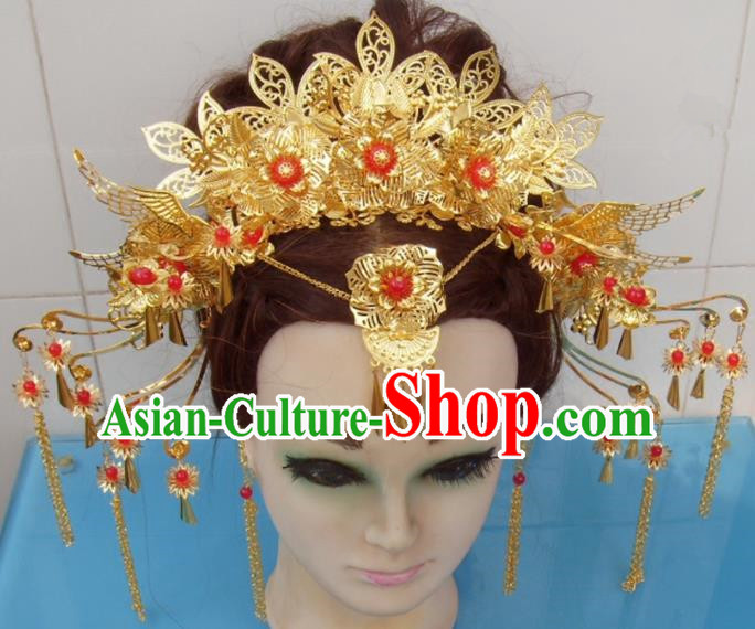 Chinese Traditional Goddess Hairpins Golden Phoenix Coronet Ancient Bride Hair Accessories for Women