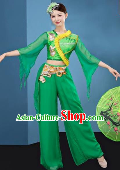 Chinese National Folk Dance Green Costume Traditional Yangko Dance Fan Dance Clothing for Women