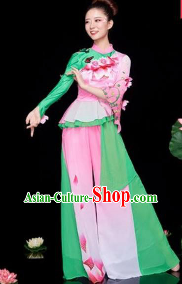 Chinese National Folk Dance Lotus Dance Pink Costume Traditional Yangko Dance Fan Dance Clothing for Women