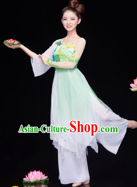 Chinese National Classical Dance Lotus Dance Dress Traditional Umbrella Dance Green Costume for Women