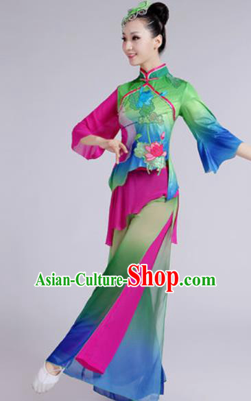 Chinese National Folk Dance Lotus Dance Green Costume Traditional Yangko Dance Fan Dance Clothing for Women