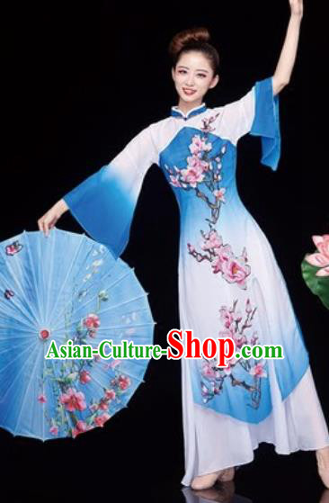 Chinese National Classical Dance Umbrella Dance Blue Dress Traditional Lotus Dance Costume for Women