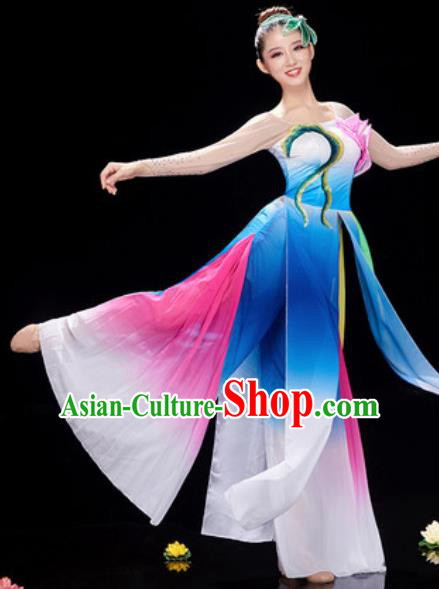 Chinese National Lotus Dance Umbrella Dance Blue Dress Traditional Classical Dance Costume for Women