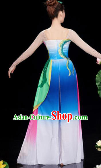 Chinese National Lotus Dance Umbrella Dance Blue Dress Traditional Classical Dance Costume for Women
