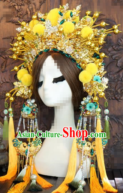 Chinese Traditional Handmade Hair Accessories Ancient Queen Luxury Yellow Venonat Phoenix Coronet Headwear for Women