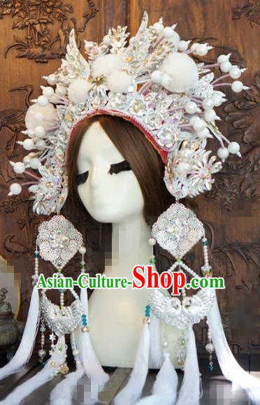 Chinese Traditional Handmade Hair Accessories Ancient Queen Luxury White Crystal Phoenix Coronet Headwear for Women