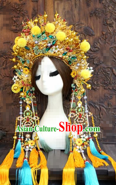 Chinese Traditional Handmade Hair Accessories Ancient Queen Luxury Golden Phoenix Coronet Headwear for Women