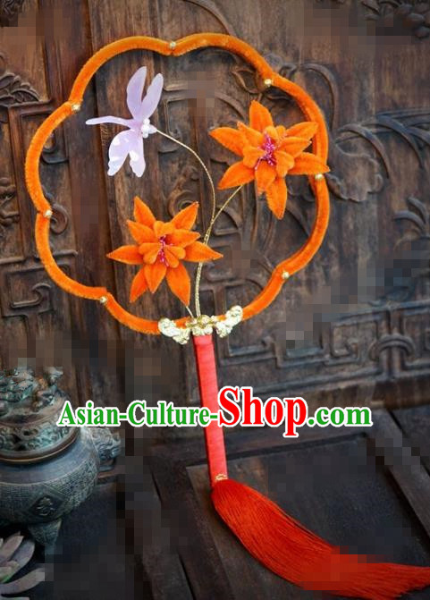 Chinese Traditional Palace Fans Ancient Queen Orange Velvet Lotus Round Fans for Women