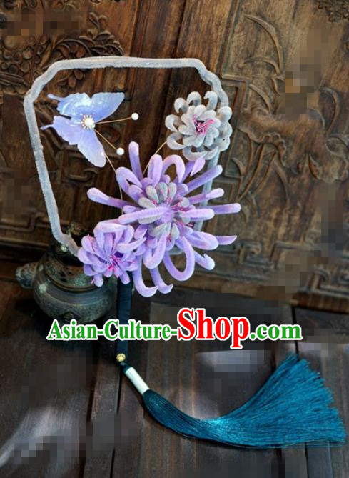 Chinese Traditional Palace Fans Ancient Queen Purple Velvet Chrysanthemum Round Fans for Women