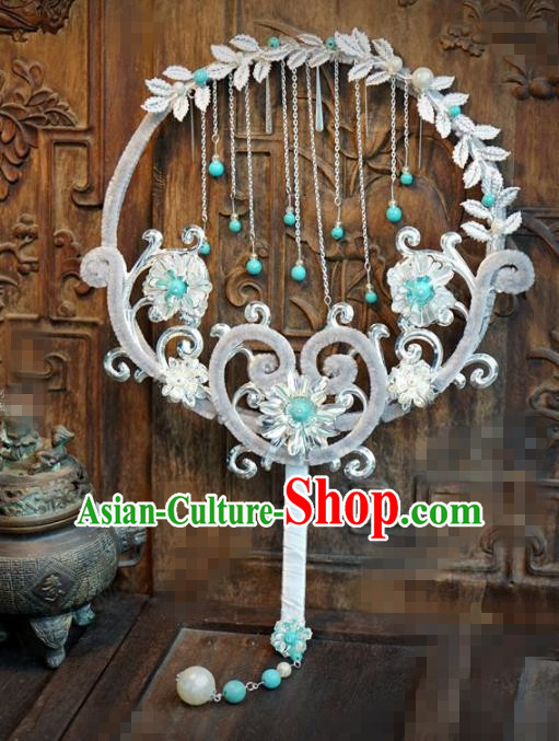 Chinese Traditional Palace Fans Ancient Queen Grey Velvet Round Fans for Women