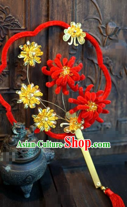 Chinese Traditional Wedding Palace Fans Ancient Queen Red Velvet Chrysanthemum Round Fans for Women