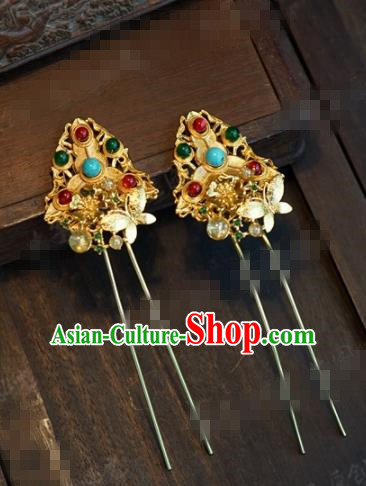 Chinese Traditional Hair Accessories Ancient Bride Palace Golden Hairpins Headwear for Women