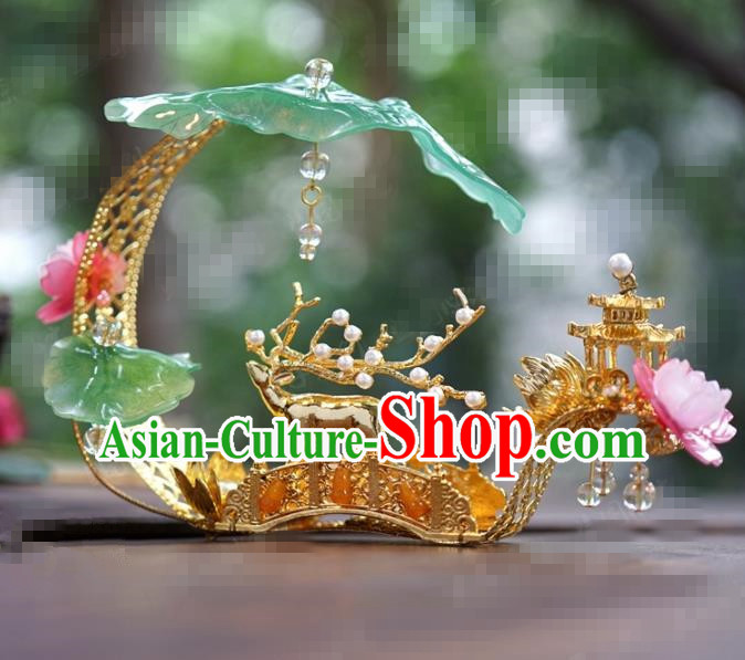 Chinese Traditional Handmade Lotus Leaf Phoenix Coronet Ancient Hairpins Hair Accessories Complete Set for Women