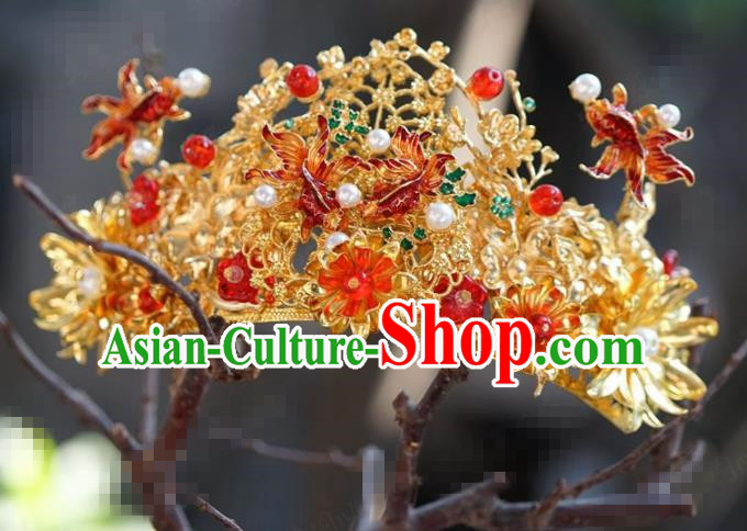 Chinese Traditional Handmade Goldfish Phoenix Coronet Ancient Hairpins Hair Accessories Complete Set for Women