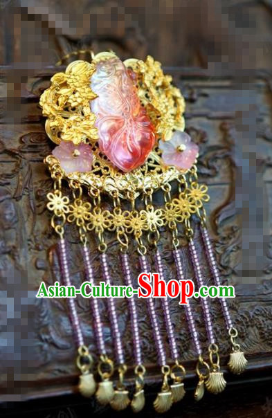 Chinese Traditional Handmade Rose Chalcedony Phoenix Coronet Ancient Hairpins Hair Accessories Complete Set for Women
