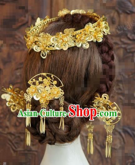 Chinese Traditional Handmade Golden Hair Crown Ancient Hairpins Hair Accessories Complete Set for Women