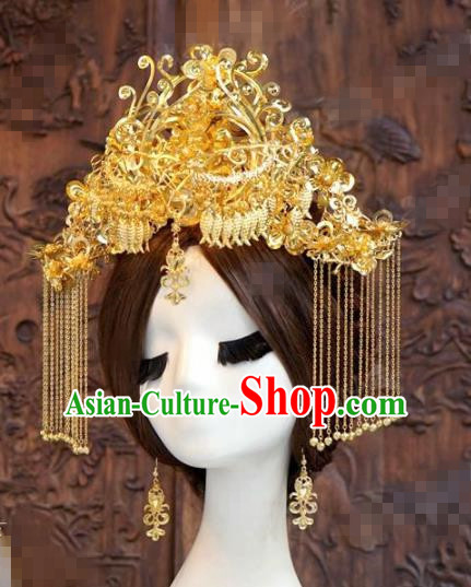 Chinese Traditional Handmade Golden Phoenix Coronet Ancient Hairpins Hair Accessories Complete Set for Women