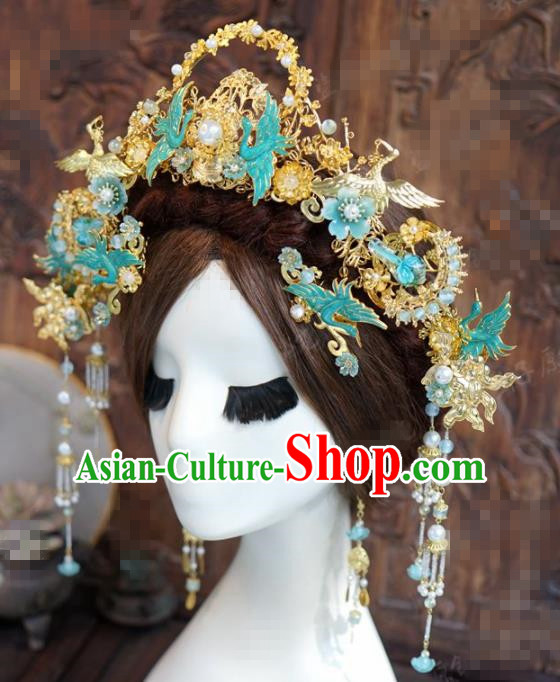 Chinese Traditional Handmade Blueing Cranes Phoenix Coronet Ancient Hairpins Hair Accessories Complete Set for Women