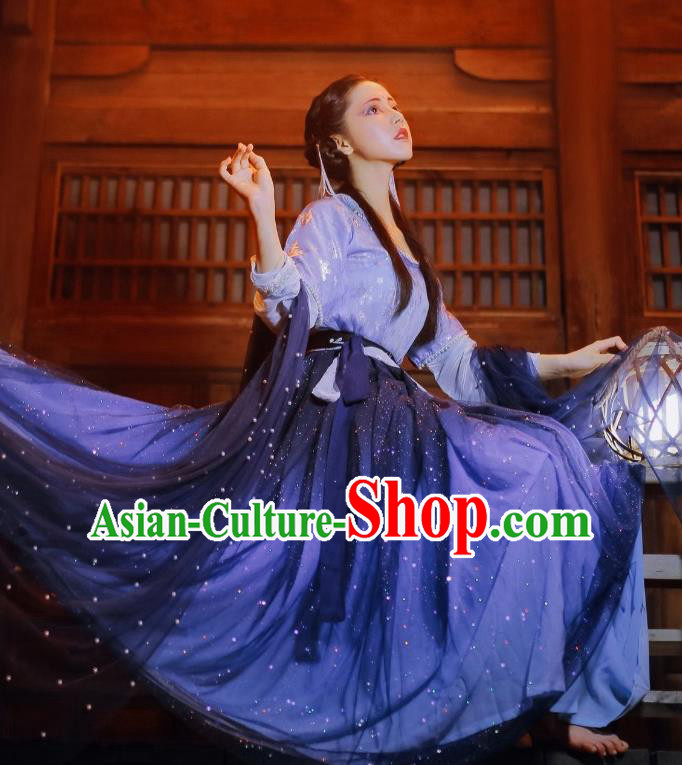 Chinese Traditional Tang Dynasty Court Maid Blue Hanfu Dress Ancient Peri Costume for Women
