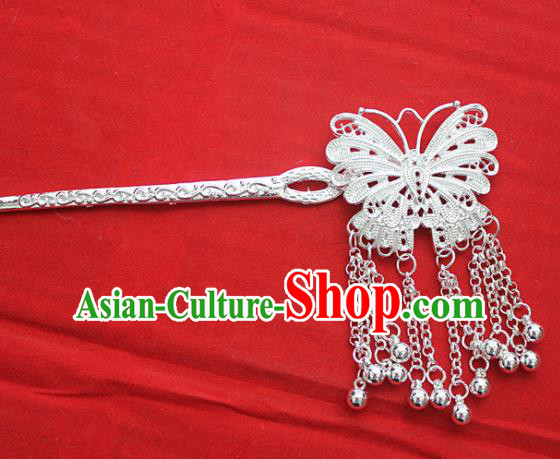 Traditional Chinese Miao Nationality Tassel Hair Accessories Hmong Female Folk Dance Butterfly Hairpins for Women