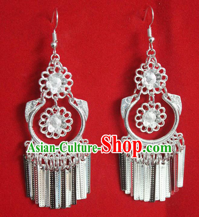 Traditional Chinese Ethnic Sliver Tassel Ear Accessories Miao Nationality Wedding Earrings for Women