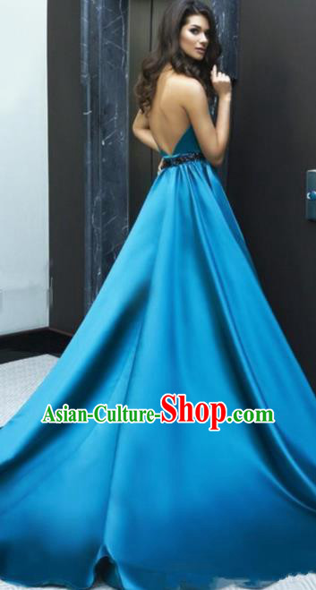 Professional Compere Blue Satin Full Dress Modern Dance Princess Wedding Dress for Women