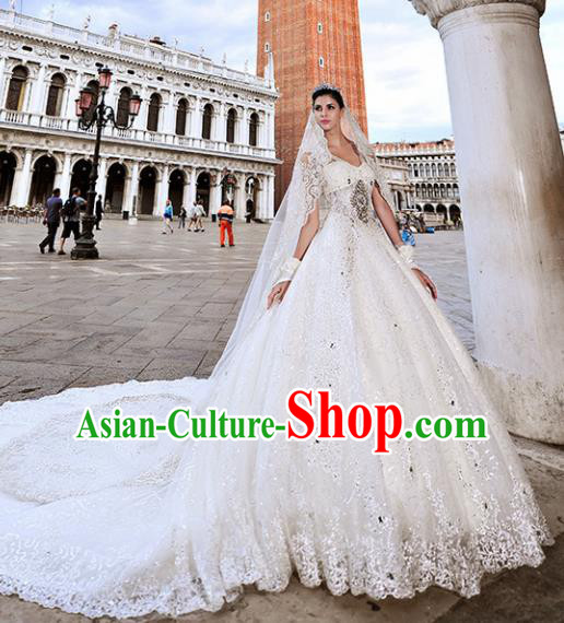 Professional Princess Embroidered White Lace Wedding Dress Modern Dance Compere Full Dress for Women