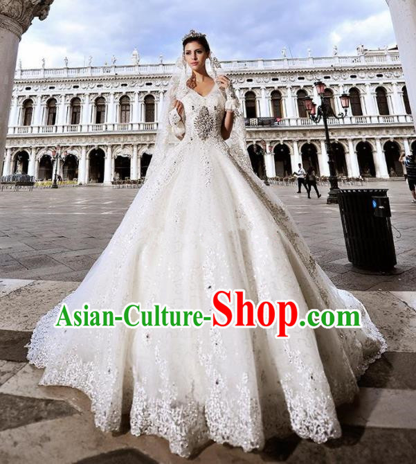 Professional Princess Embroidered White Lace Wedding Dress Modern Dance Compere Full Dress for Women