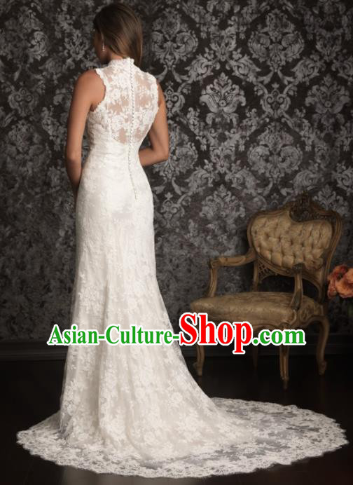 Professional Princess Embroidered White Lace Trailing Wedding Dress Modern Dance Compere Full Dress for Women