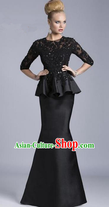 Top Grade Compere Costume Black Satin Lace Full Dress Modern Dance Princess Wedding Dress for Women