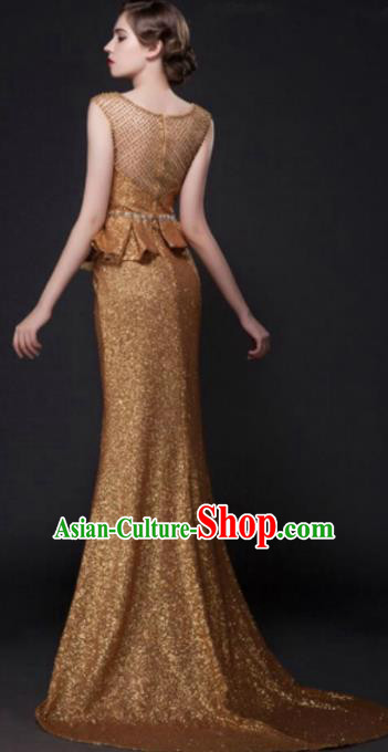 Top Grade Compere Modern Fancywork Costume Golden Trailing Full Dress Princess Wedding Dress for Women