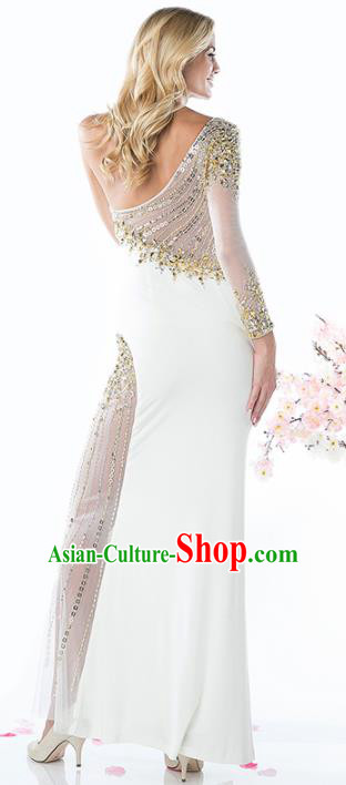 Top Grade White Full Dress Compere Modern Fancywork Costume Princess Wedding Dress for Women