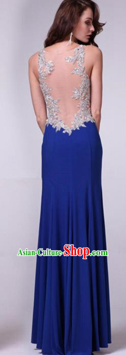 Top Grade Crystal Deep Blue Full Dress Compere Modern Fancywork Costume Princess Wedding Dress for Women