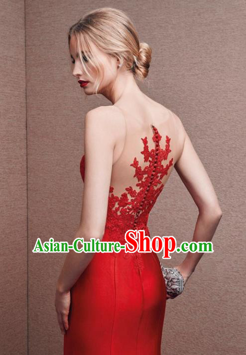 Top Grade Red Satin Full Dress Compere Modern Fancywork Costume Princess Wedding Dress for Women