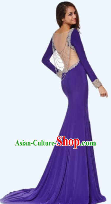 Top Grade Purple Trailing Full Dress Compere Modern Fancywork Costume Princess Wedding Dress for Women