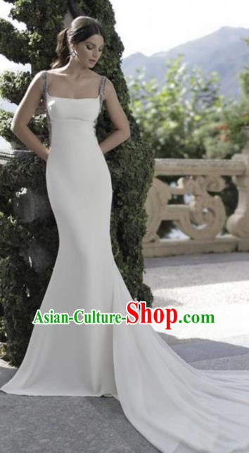 Professional Princess White Trailing Wedding Dress Modern Dance Compere Full Dress for Women