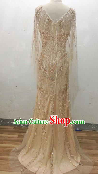 Professional Compere Embroidered Beads Champagne Full Dress Modern Dance Princess Wedding Dress for Women