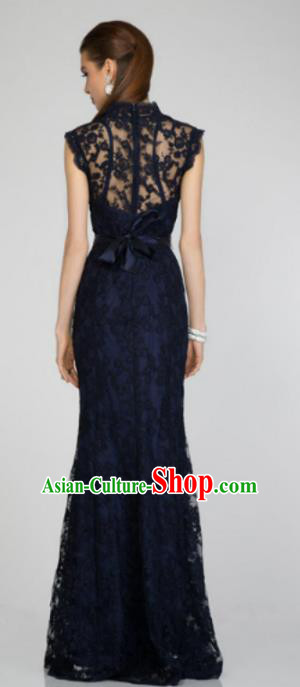 Top Grade Navy Lace Full Dress Compere Modern Fancywork Costume for Women
